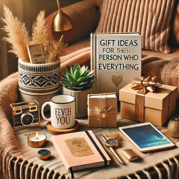 A cozy, stylish setup featuring unique gift items, perfect for a blog article about gift ideas for the person who has everything. Includes a luxurious
