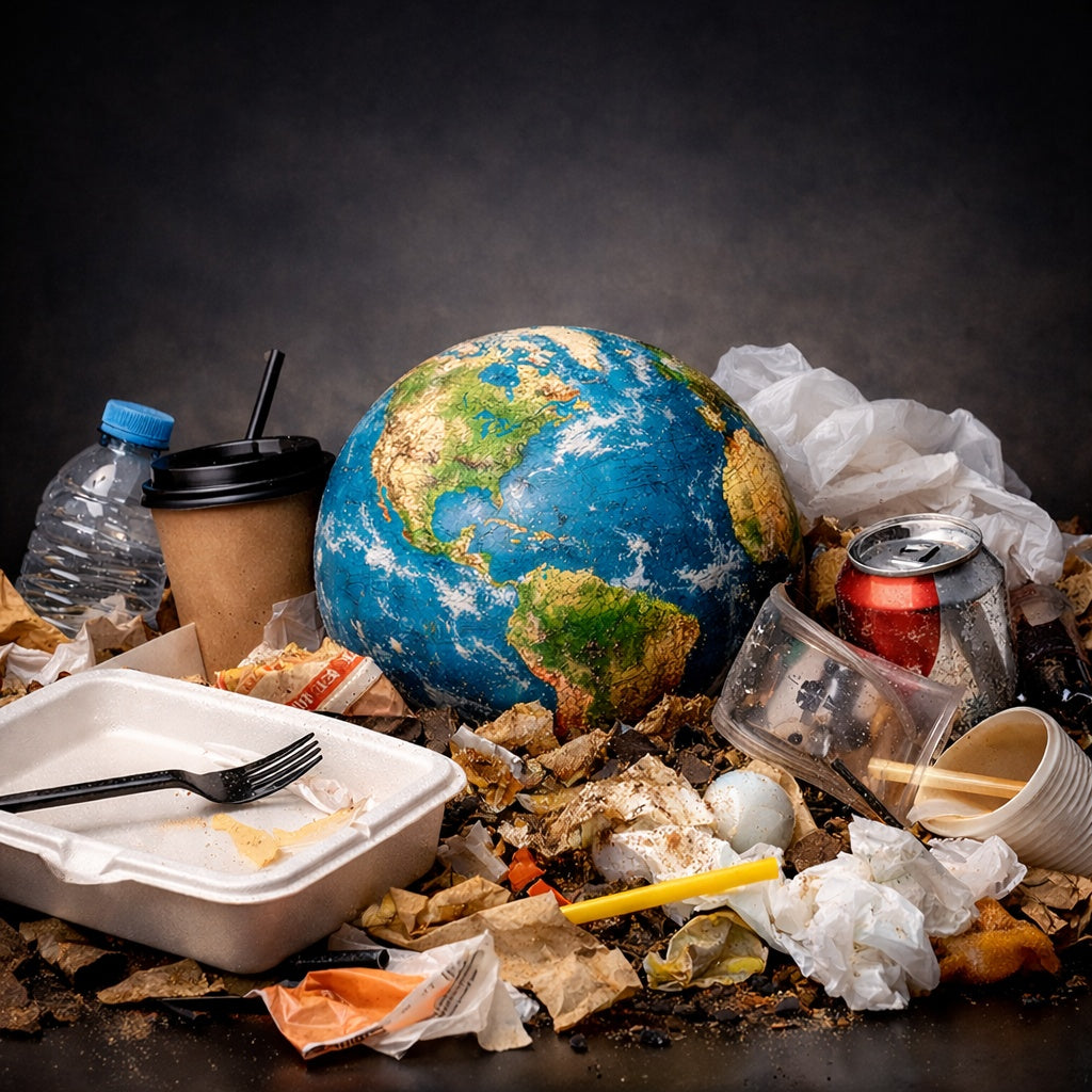 Model of Earth surrounded by trash including plastic bottles, cups, and food containers on a dark background