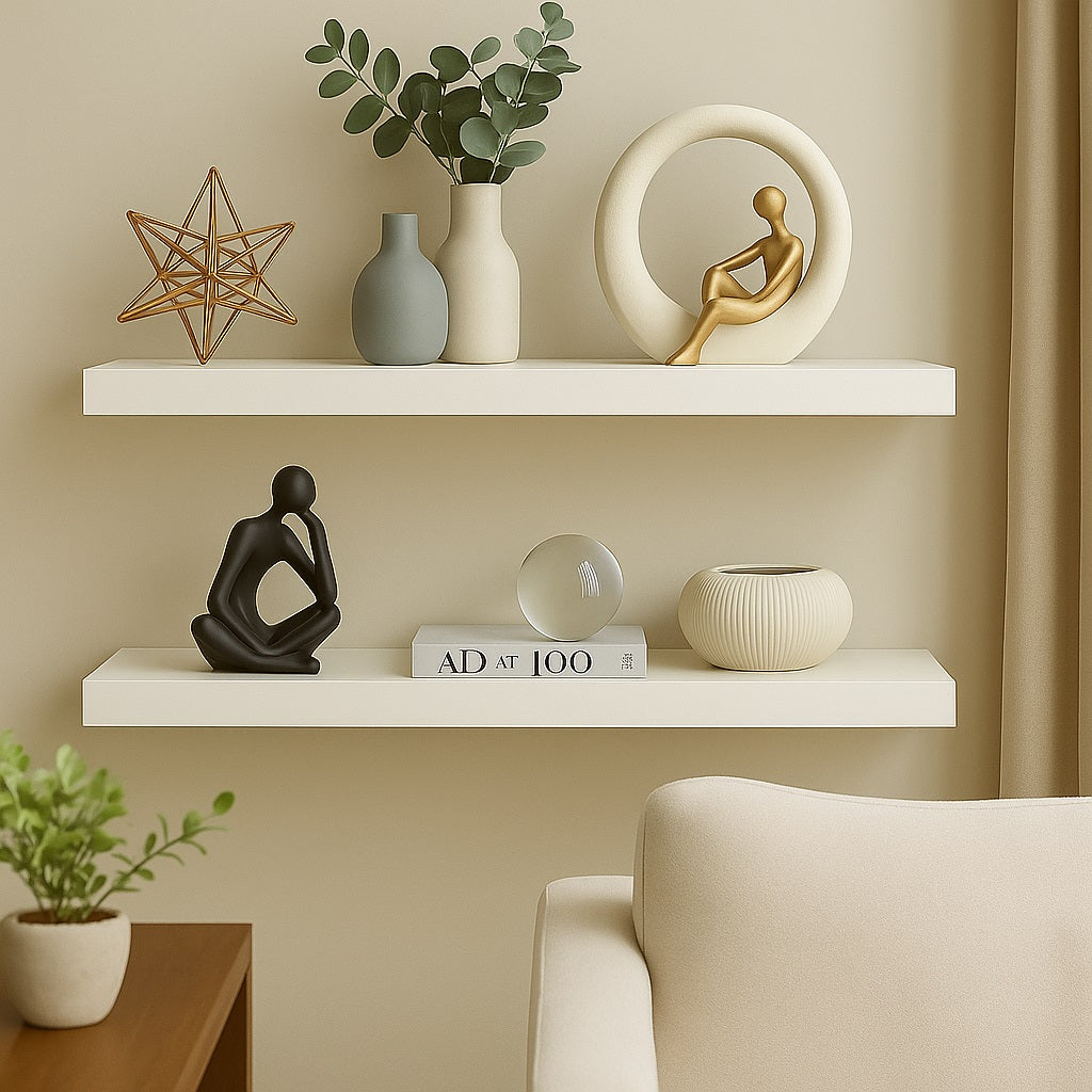 A high-resolution photograph featuring a neatly arranged living room corner with modern home decorative ornaments, including ceramic vases, abstract sculptures, and stylish candles displayed on floating wooden shelves against a soft beige wall.