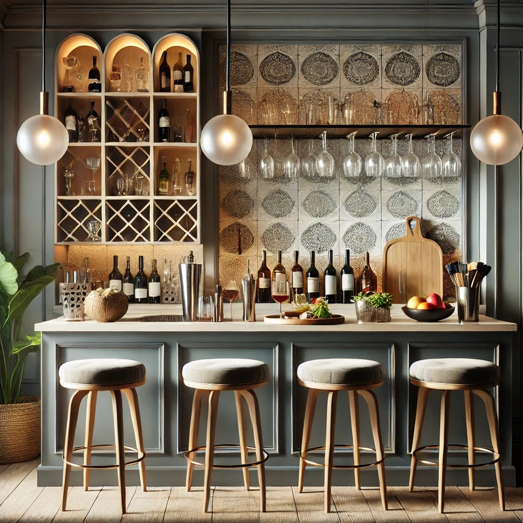A stylish and functional home bar setup featuring a sleek countertop with elegant bar stools, a wall-mounted wine rack filled with bottles, and glassw