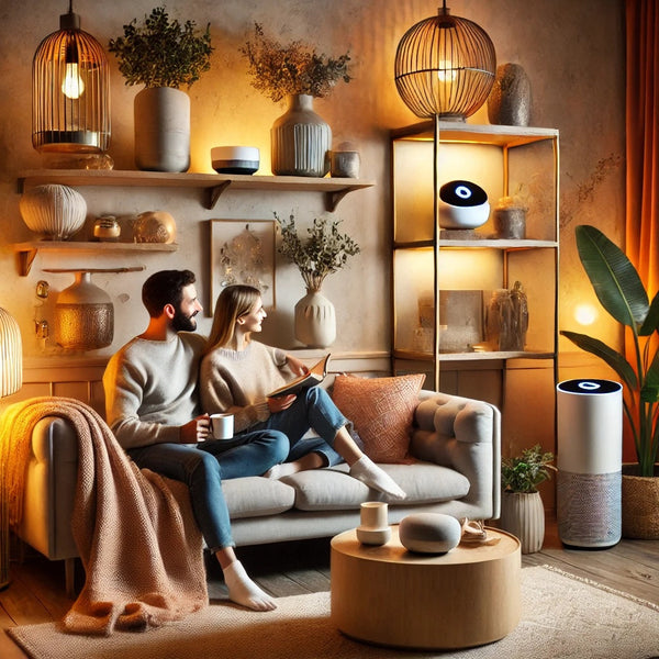 A cozy and stylish modern home interior featuring elegant home decor items, including plush throw blankets, decorative pillows, stylish vases, indoor 