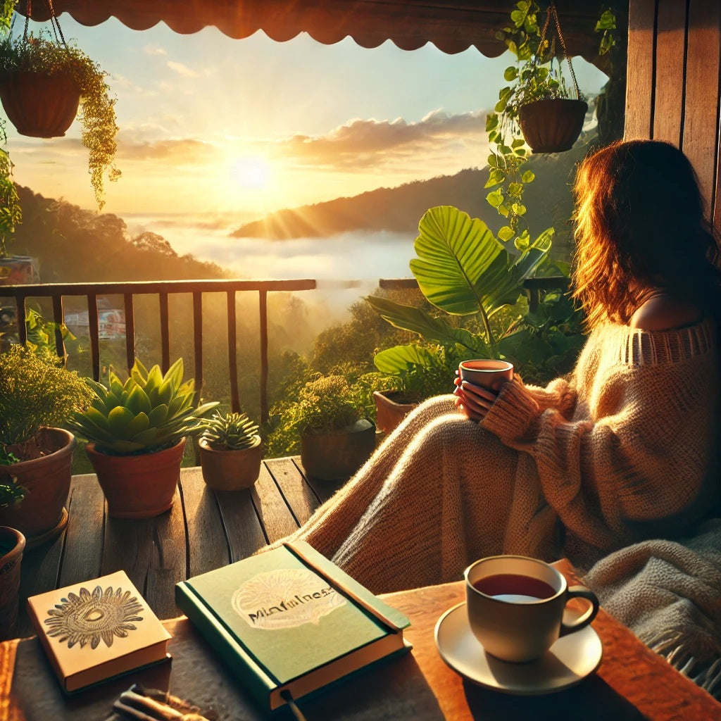 A peaceful and uplifting scene symbolizing mental wellness. A person sits on a cozy balcony, overlooking a sunrise with a warm cup of tea in hand.