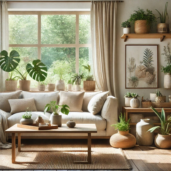 A visually appealing blog image for an article about incorporating natural elements into your home. The image features a serene living room with large