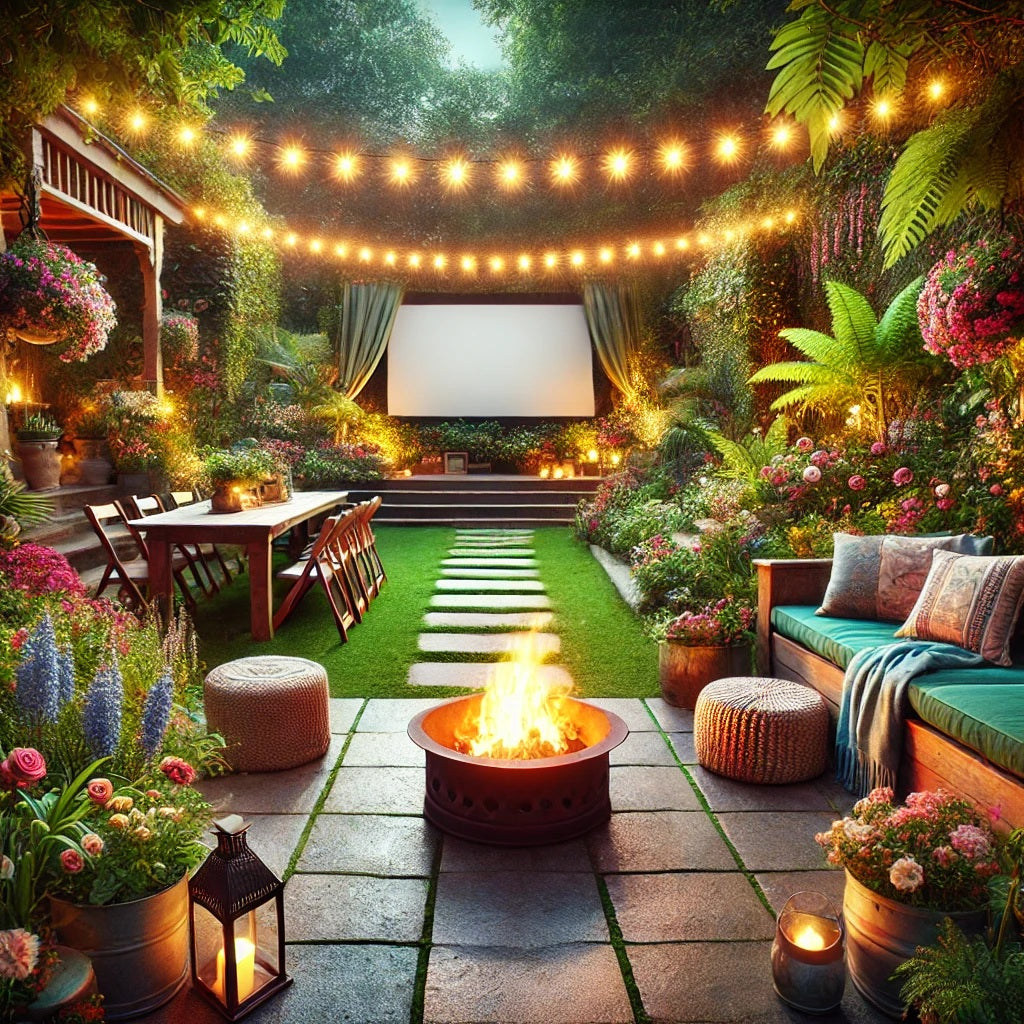 A vibrant and inviting backyard scene featuring a fire pit with cozy seating, a lush garden pathway lined with flowers, and a dining area with a rusti