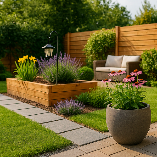 A landscaped backyard garden featuring a wooden raised bed with flowers, a stone paver pathway, a large round planter with blooming purple coneflowers, a cozy wicker chair with cushions, and a decorative black lantern.