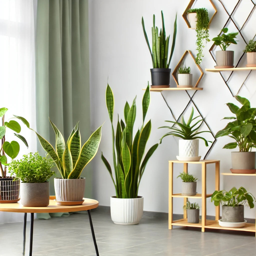 A cozy indoor space with a variety of low-maintenance houseplants arranged beautifully. Plants like snake plants, ZZ plants, pothos, and aloe vera are