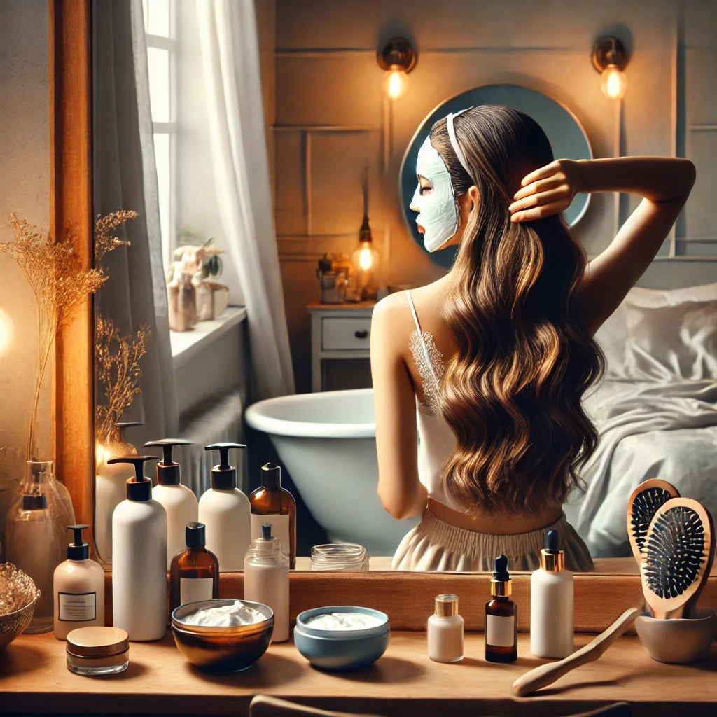A cozy and inviting bathroom setting for haircare, featuring a person with healthy, glossy hair applying a deep conditioning mask while looking at a w