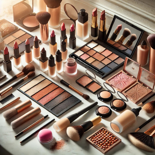A visually stunning and professional flat-lay of makeup products arranged neatly on a clean, elegant surface. The image includes various shades of fou