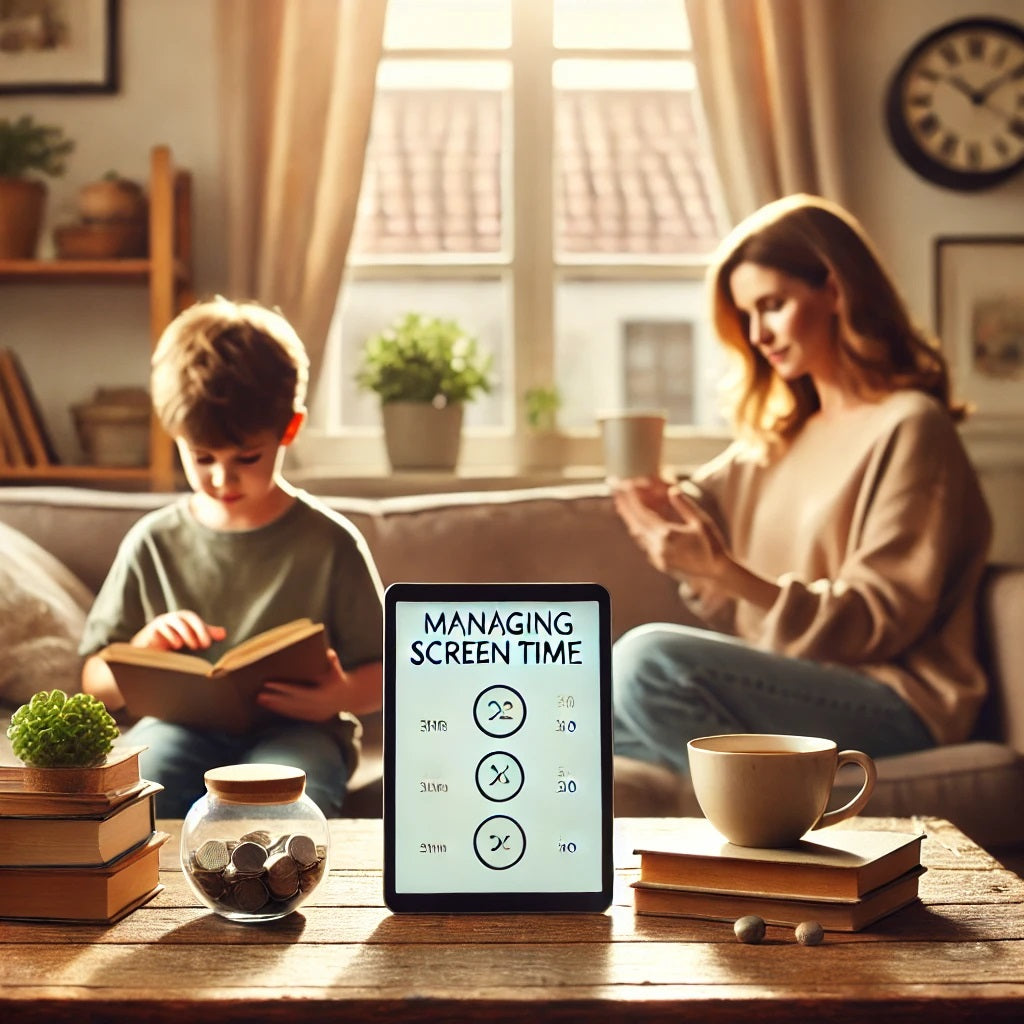 A balanced blog photo representing managing screen time for kids and teens. The image features a cozy living room setting showing a woman and her kid with a tablet