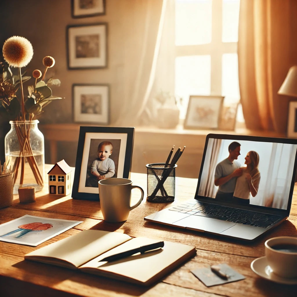 A warm and inspiring blog photo representing work-life balance for working parents. The image shows a home workspace setup with a laptop, a coffee cup