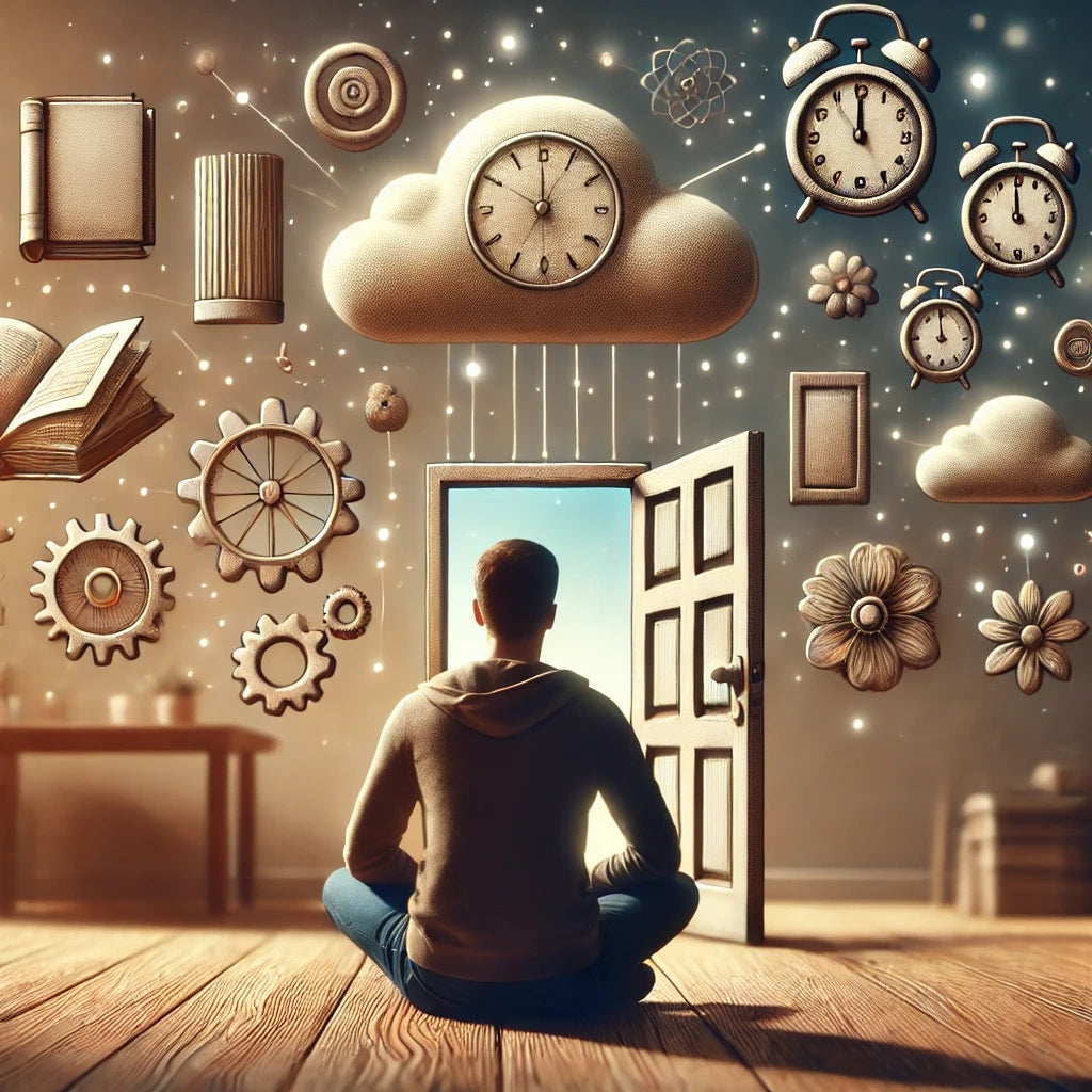 An engaging and thought-provoking blog photo representing the concept of a memory palace and memory techniques. The image shows a person sitting in a 