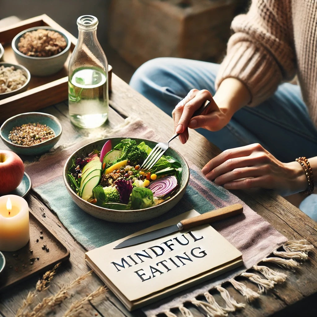 A peaceful and inviting blog photo representing mindful eating. The image shows a cozy dining setup with a healthy meal, such as a bowl of colorful sa