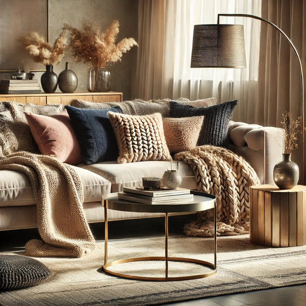 A visually appealing blog image for an article about mixing and matching textures for a cohesive look. The image features a cozy living room setup wit