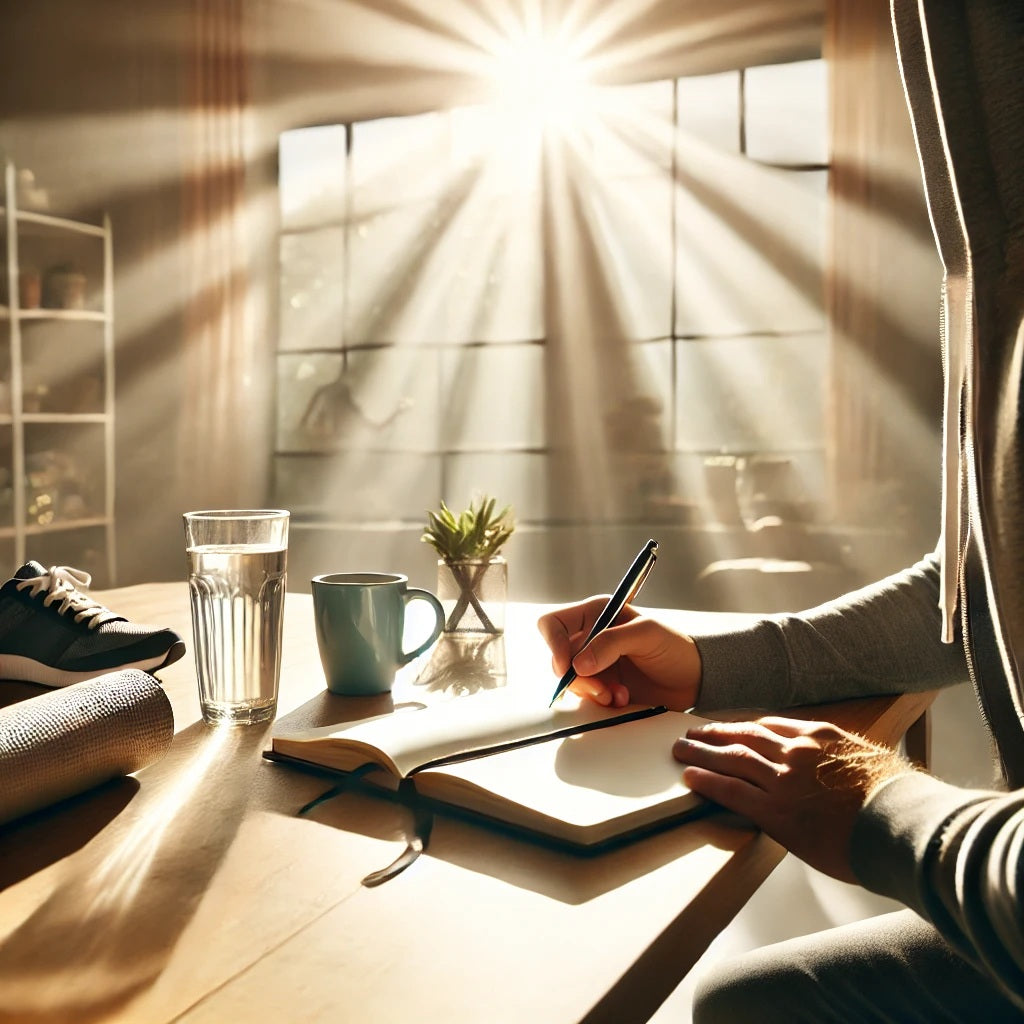 A serene and motivational morning scene with a person sitting at a clean, organized desk bathed in soft morning light. The person is holding a journal