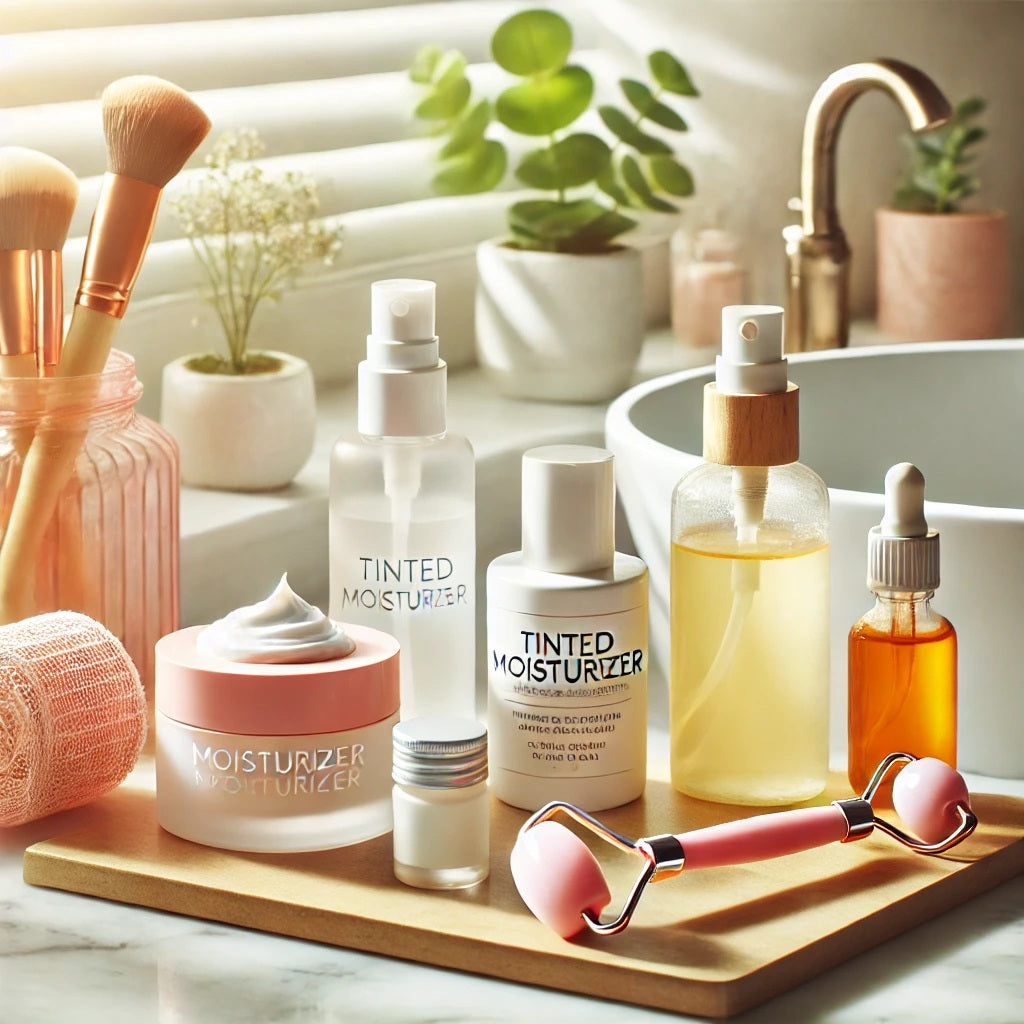 A bright, inviting blog photo representing a quick and efficient morning skincare routine. The image shows an organized bathroom countertop with essen