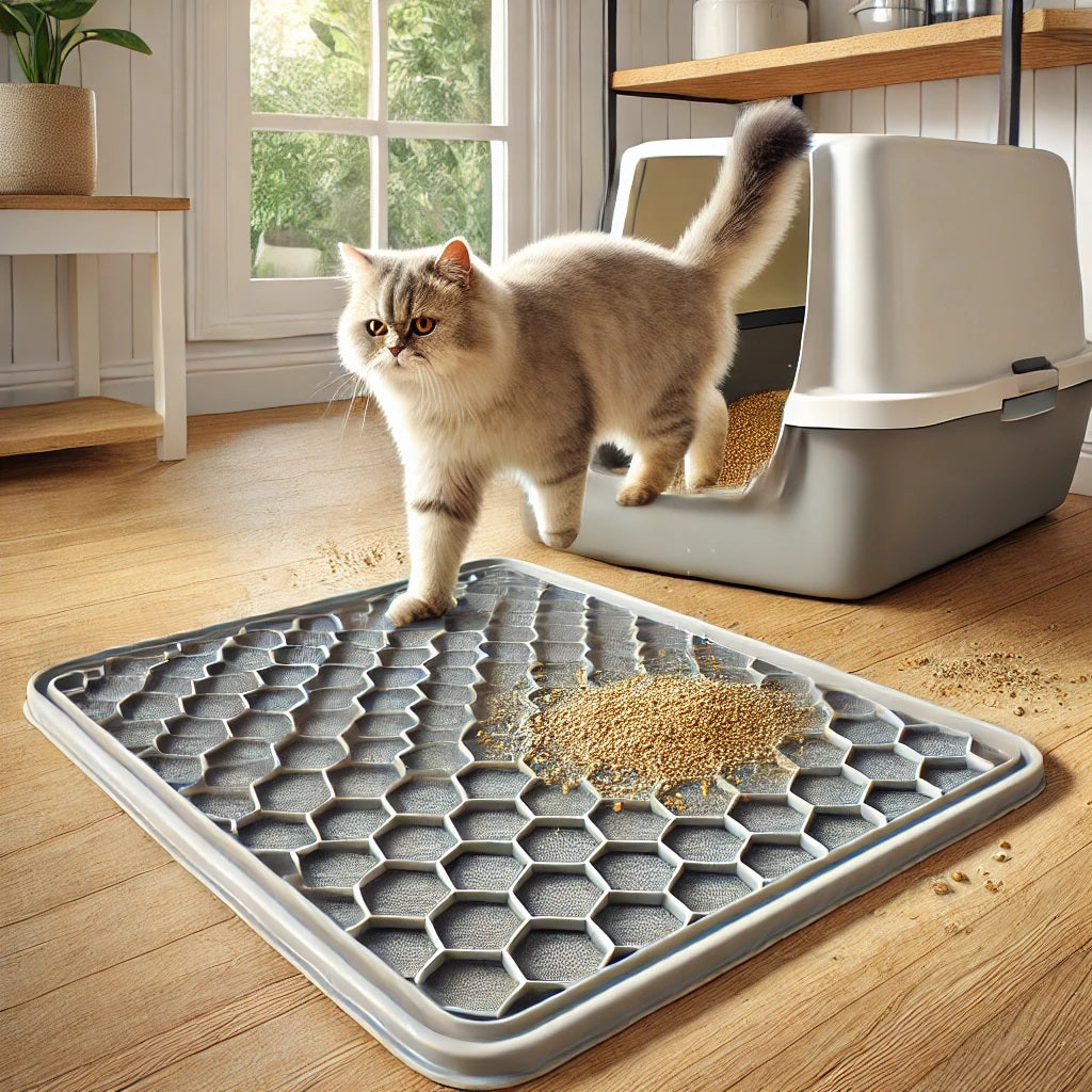 A realistic, high-quality photo of a multiple fold cat litter trap mat placed under a litter box. The mat has a double-layer honeycomb design capturing pet litter.