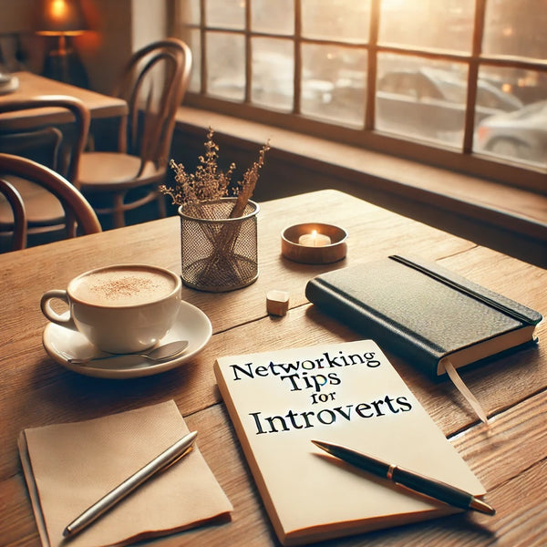 A thoughtful and welcoming blog photo representing networking tips for introverts. The image shows a cozy, quiet coffee shop setting with a notebook, 