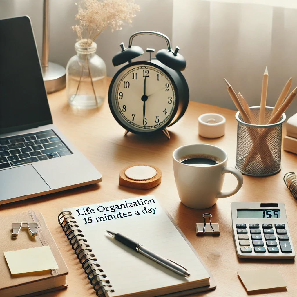 A calm and organized blog photo representing life organization in 15 minutes a day. The image shows a neatly arranged workspace with a notebook, pen, 