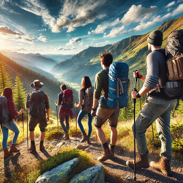 A group of outdoor enthusiasts hiking through a scenic mountain trail, equipped with high-quality hiking gear including backpacks, trekking poles, and
