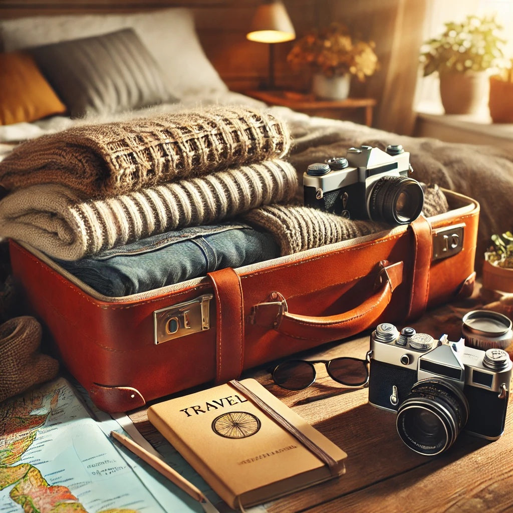 A captivating blog photo representing a perfect weekend getaway. The image shows a cozy suitcase with travel essentials neatly arranged, including a c