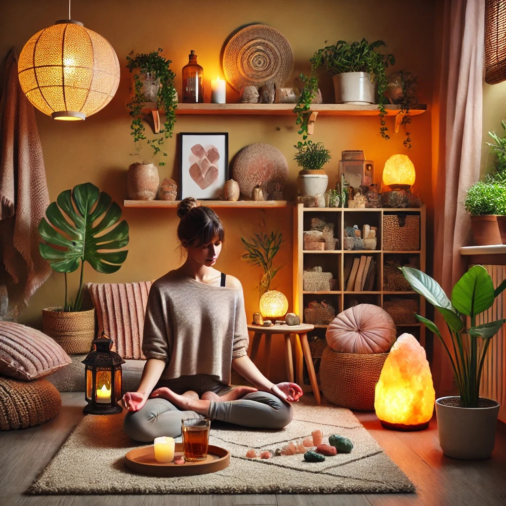 A cozy, well-designed corner in a home decorated for relaxation and meditation, with a person sitting cross-legged on a floor cushion in a meditative 