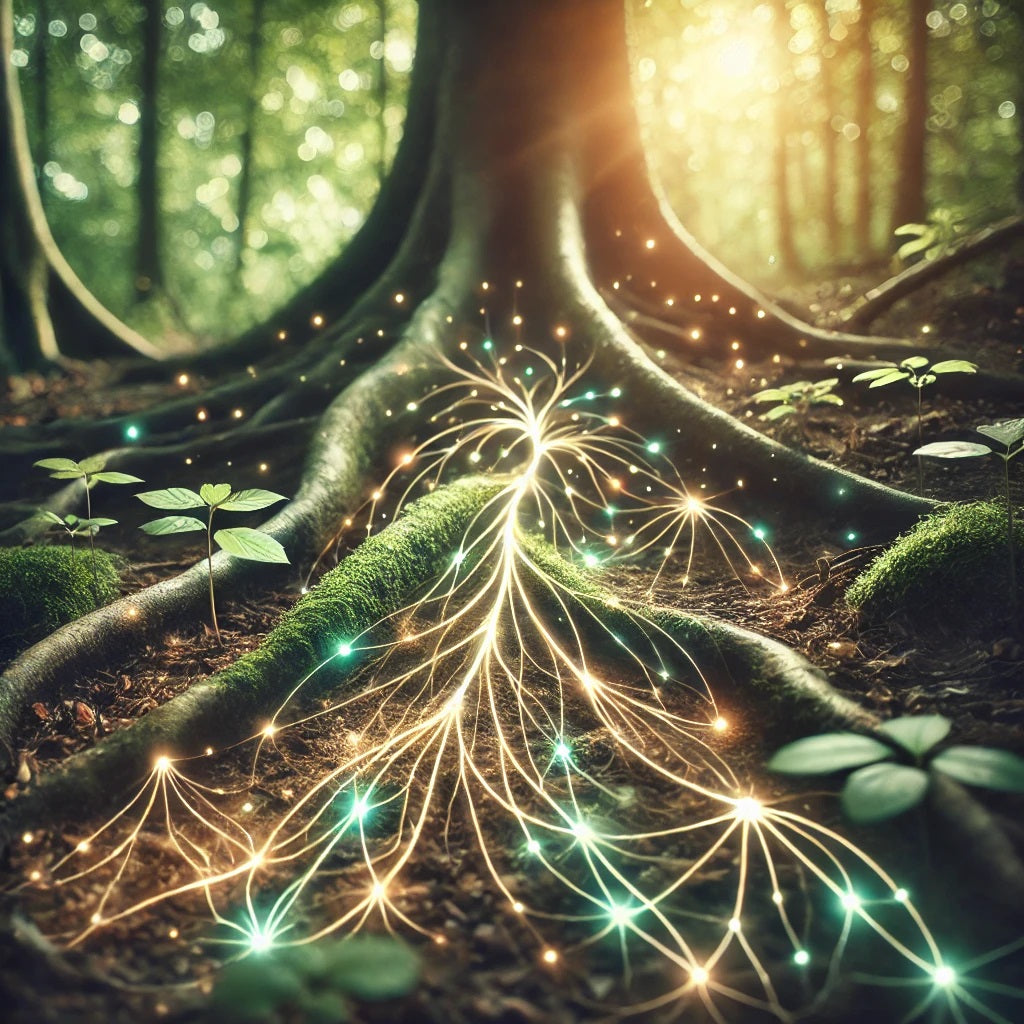 A captivating blog photo illustrating the concept of plant communication. The image shows a close-up of interconnected tree roots in a forest floor, w