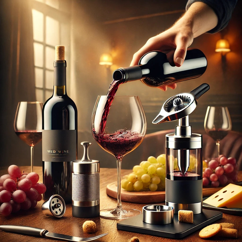 A realistic, high-quality photo of an elegant wine setup featuring premium wine accessories. The scene includes a bottle of red wine, a glass half-filled with wine