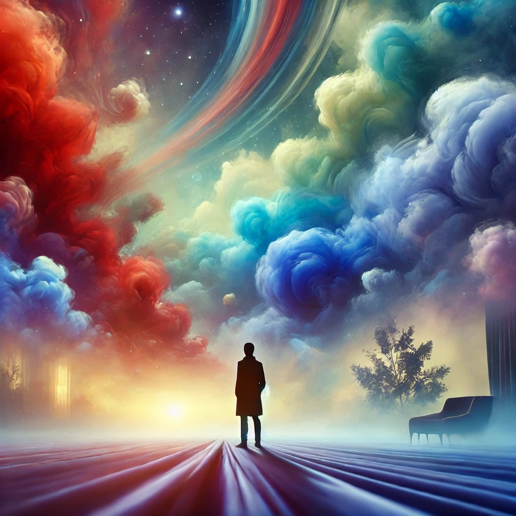 A visually captivating blog photo representing the psychology of colors in dreams. The image shows a soft, surreal dreamscape with swirling clouds of 