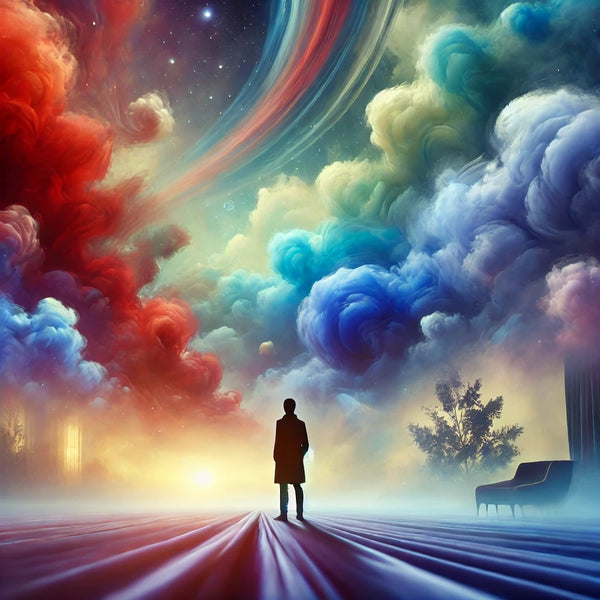 A visually captivating blog photo representing the psychology of colors in dreams. The image shows a soft, surreal dreamscape with swirling clouds of 
