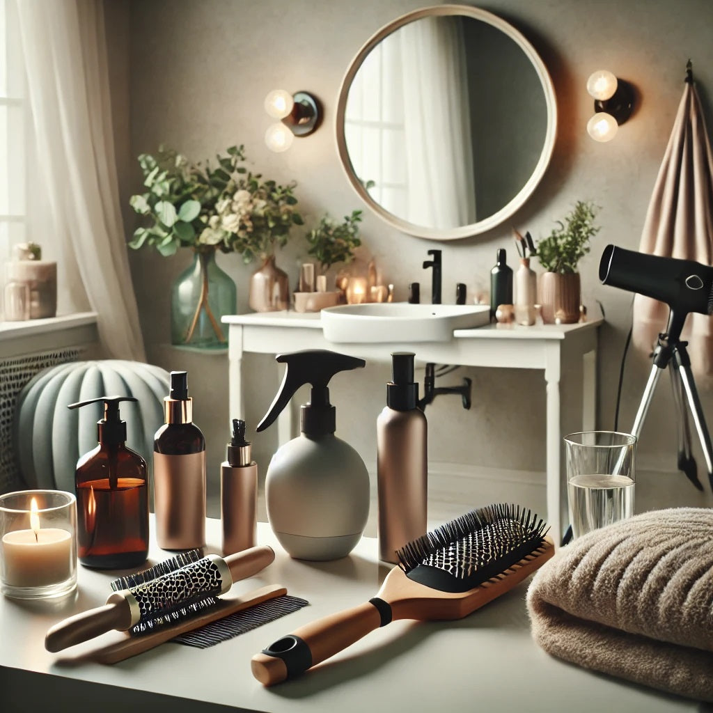 A chic and inviting blog photo representing salon-quality hair care at home. The image shows a bathroom or vanity setup with high-quality hair care pr
