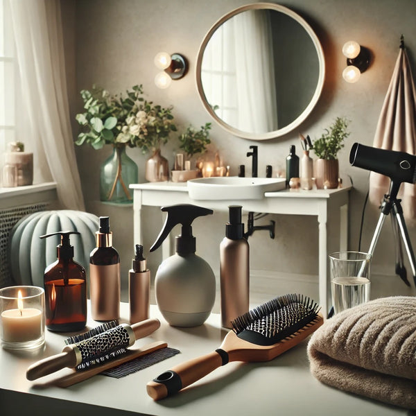 A chic and inviting blog photo representing salon-quality hair care at home. The image shows a bathroom or vanity setup with high-quality hair care pr