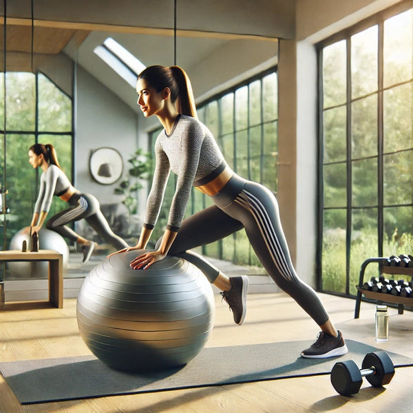 A realistic, high-quality photo of a woman using a scrub yoga fitness exercise ball in a bright and modern home gym. She is performing a core-strength