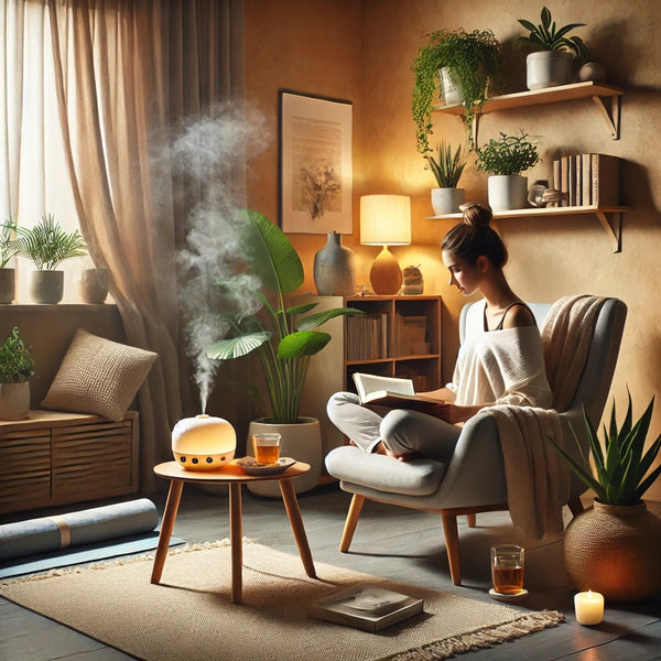 A serene and inviting self-care sanctuary at home, featuring a cozy reading nook with soft lighting, a plush armchair, and a side table holding a cup 