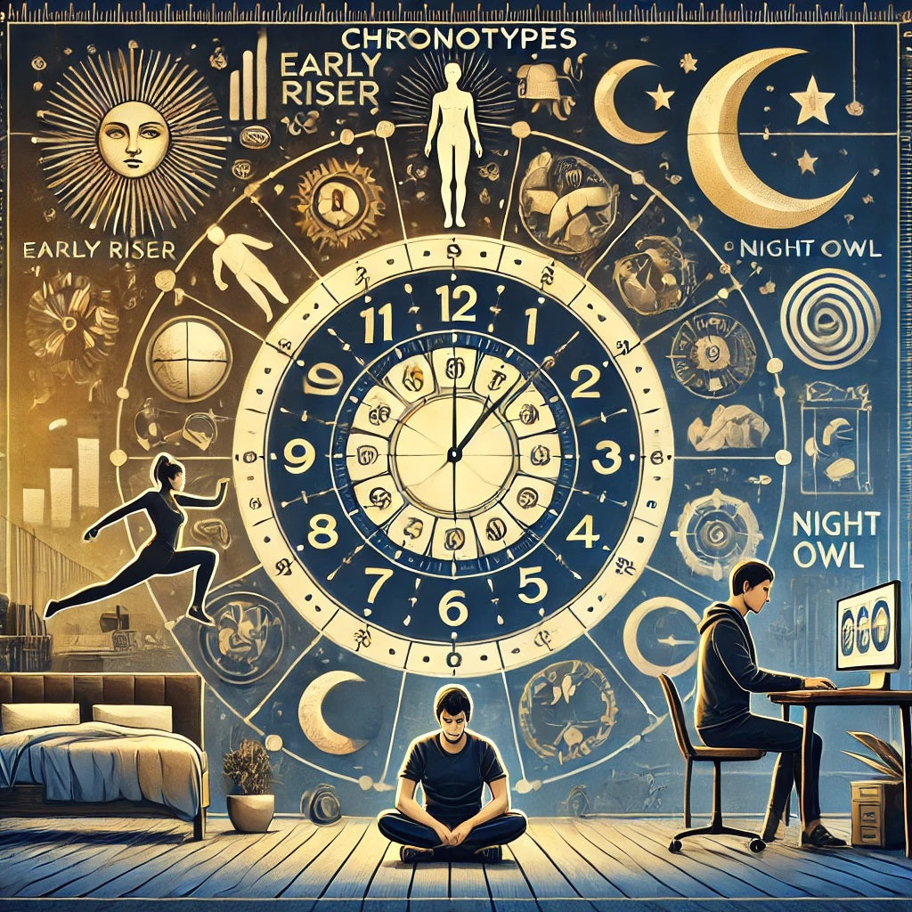 An artistic and informative visual representation of sleep cycles and chronotypes. The image features a clock with symbols representing different acti