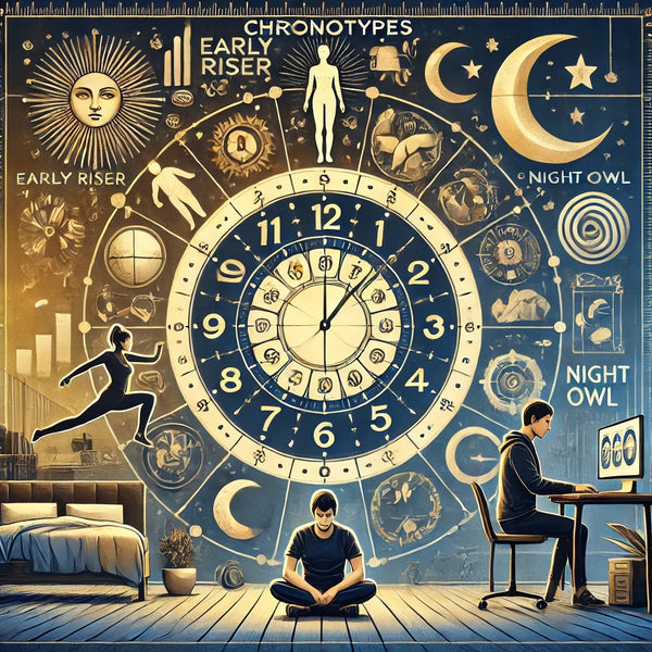 An artistic and informative visual representation of sleep cycles and chronotypes. The image features a clock with symbols representing different acti