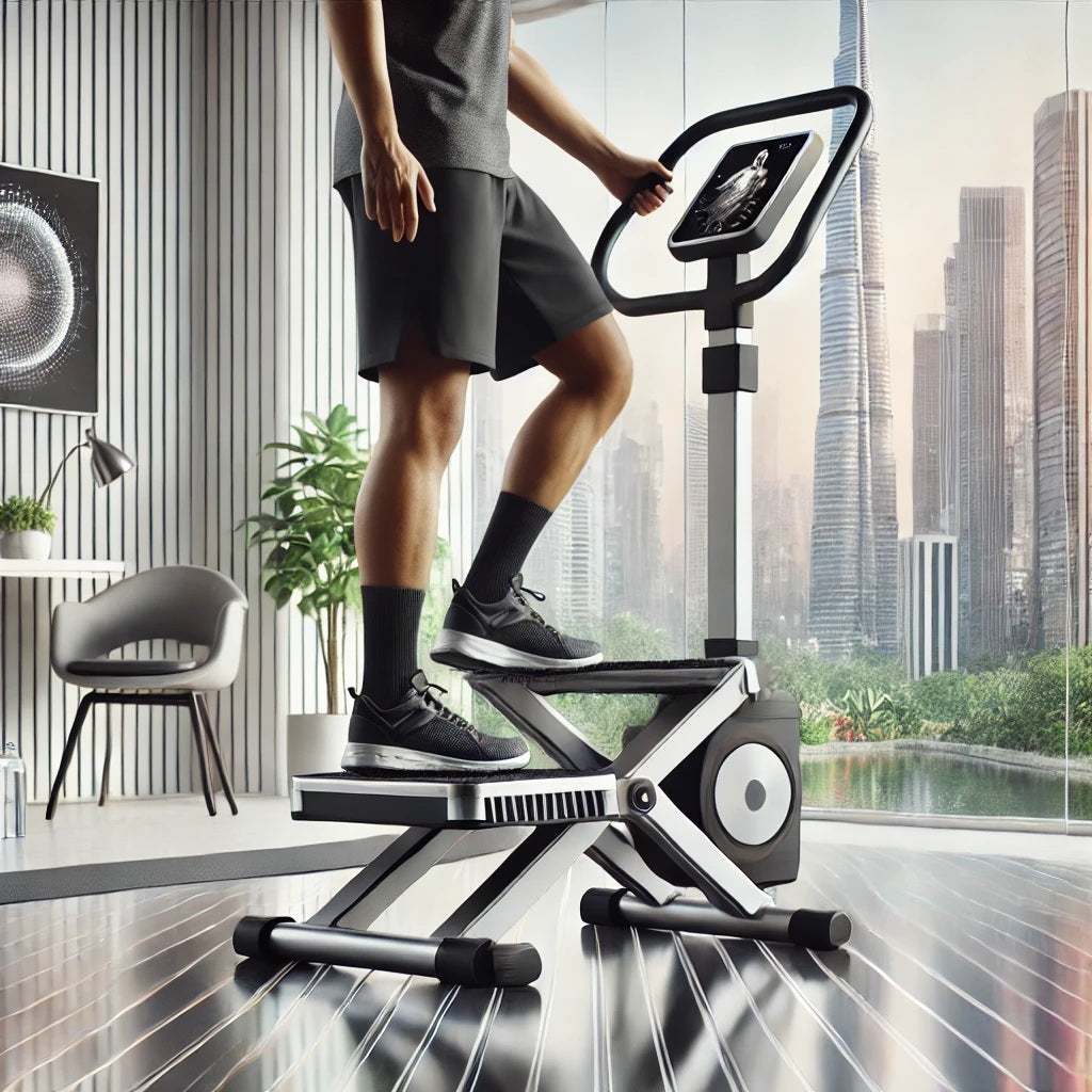 A realistic, high-quality photo of a person using a slimming exercise fitness stepper in a modern home setting. The stepper is a compact, foot-pedal