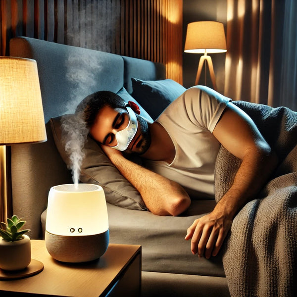 A man sleeping peacefully on his side in a cozy bedroom, wearing a nasal anti-snoring device. The room features a warm LED bedside lamp, a misting diffuser, a humidifier, soft pillows, and a plush duvet.