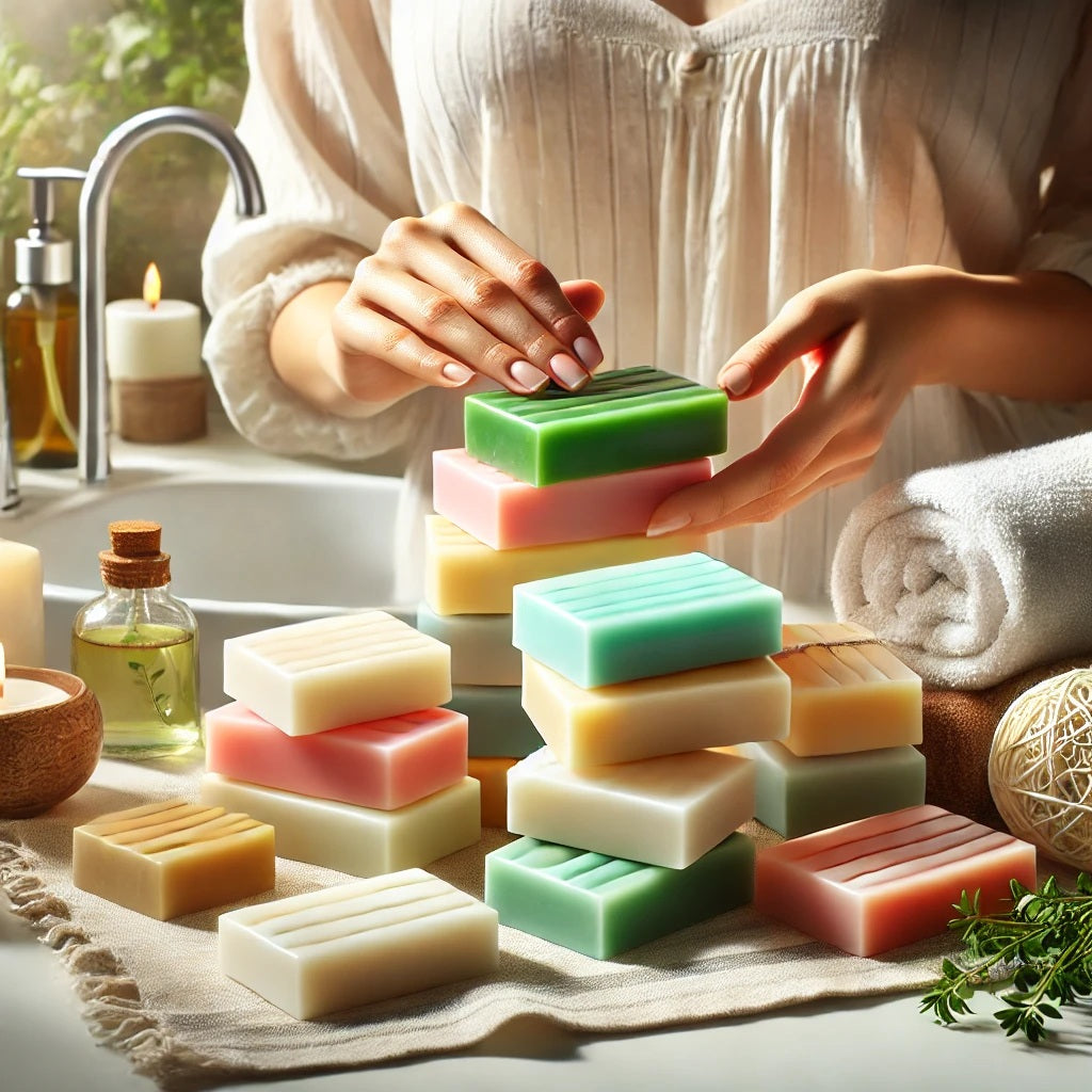 An image showing various colourful soap bars arranged neatly on a clean bathroom counter. A person with healthy, glowing skin is displaying the soap bars.