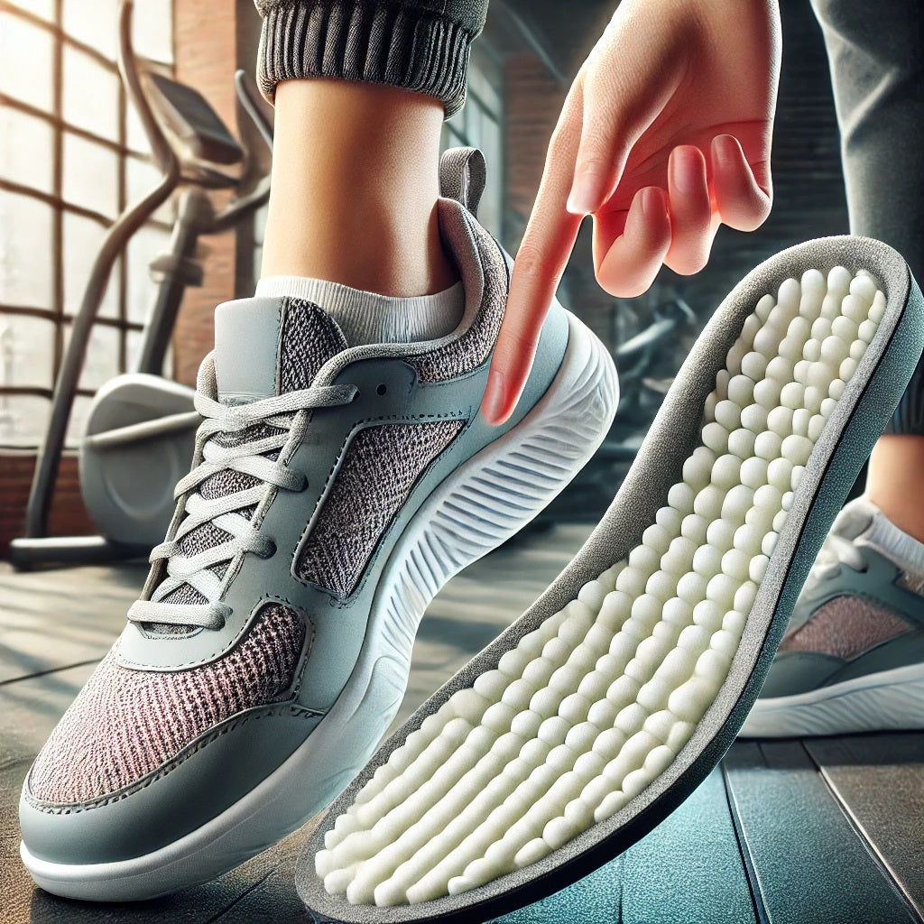 A realistic, high-quality photo of a pair of sports shoes with memory foam insoles. The image highlights one shoe slightly tilted to reveal the soft foam.