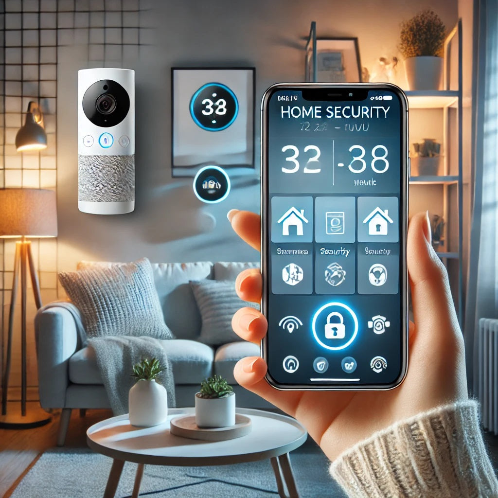 A modern and secure blog photo representing smart home technology. The image shows a cozy living room with smart devices like a digital assistant, sec