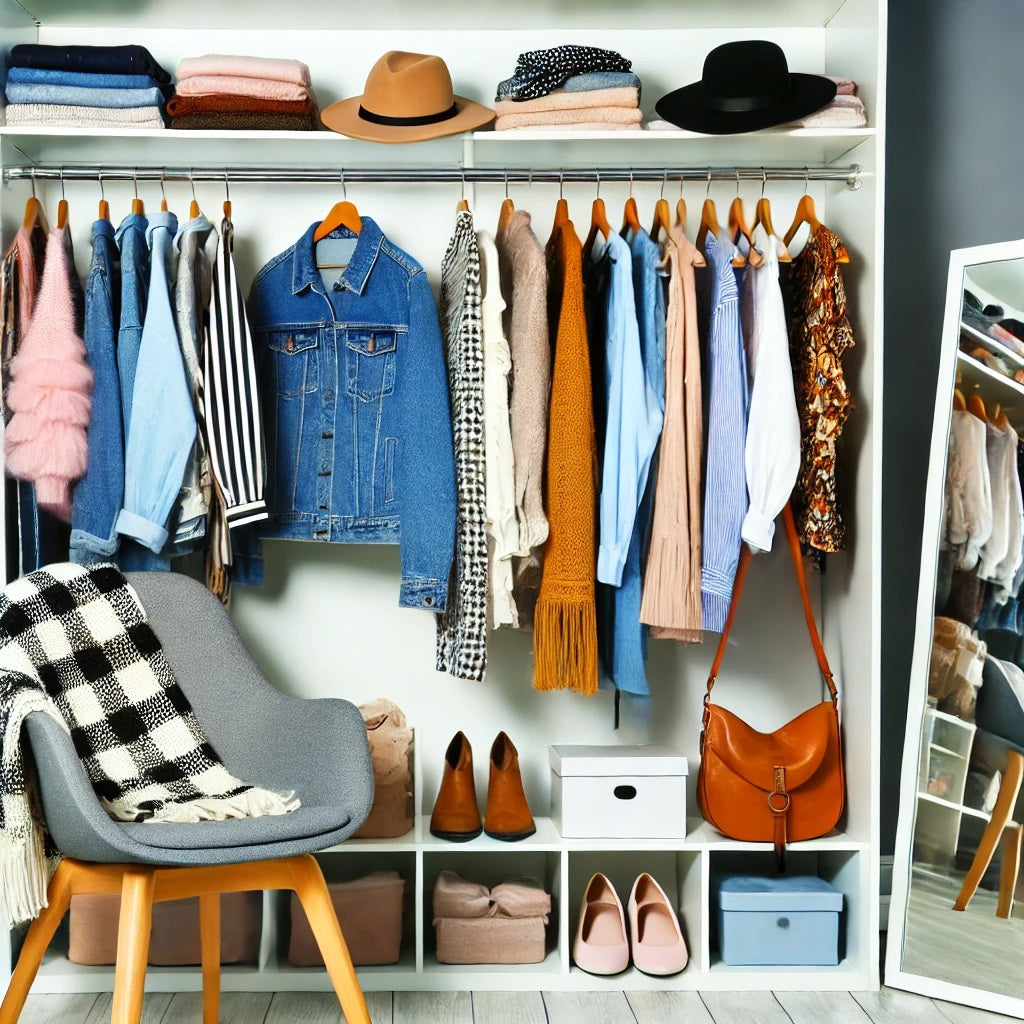 A stylish, well-organized wardrobe with a mix of clothing items on hangers and folded on shelves. The setup includes a variety of colors, patterns, an