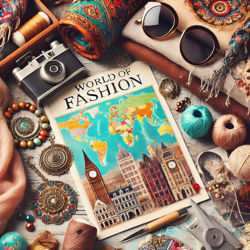 A vibrant, global-themed blog photo representing the world of fashion. The image features a collection of stylish clothing items, accessories, and fas