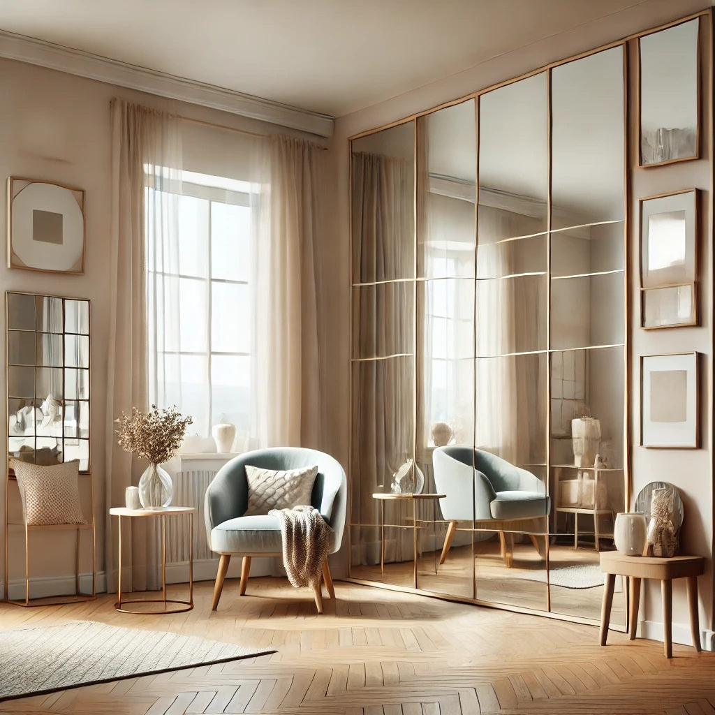A stylish small room decorated to feel larger with the use of mirrors. The room has a large wall mirror, light-coloured decor, a cozy chair, and natura