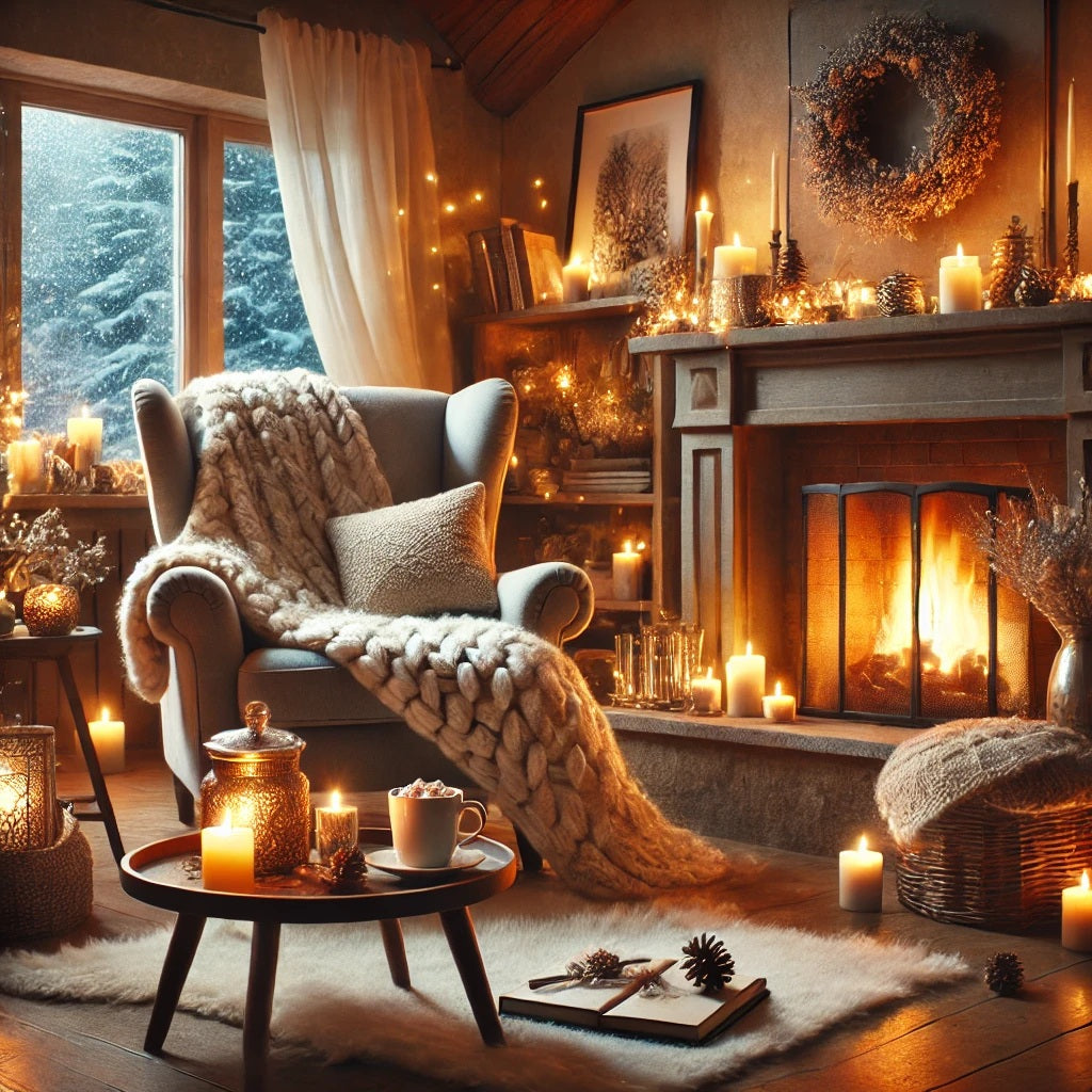 A warm and inviting winter home scene featuring a cozy living room with a crackling fireplace, a plush armchair draped with a chunky knit blanket, and