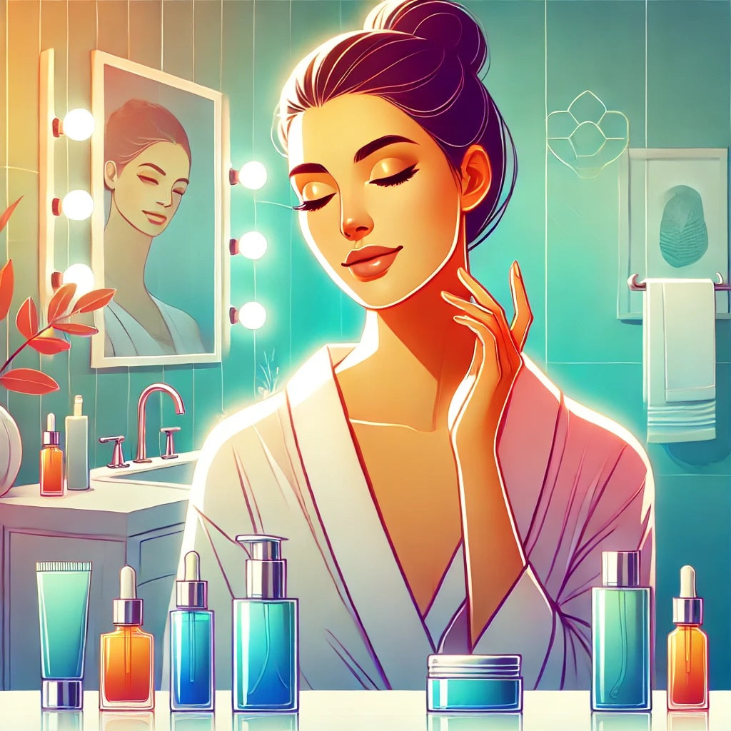 A vibrant and modern illustration of a skincare concept featuring a woman applying skincare products. The woman has glowing and healthy skin, is dress