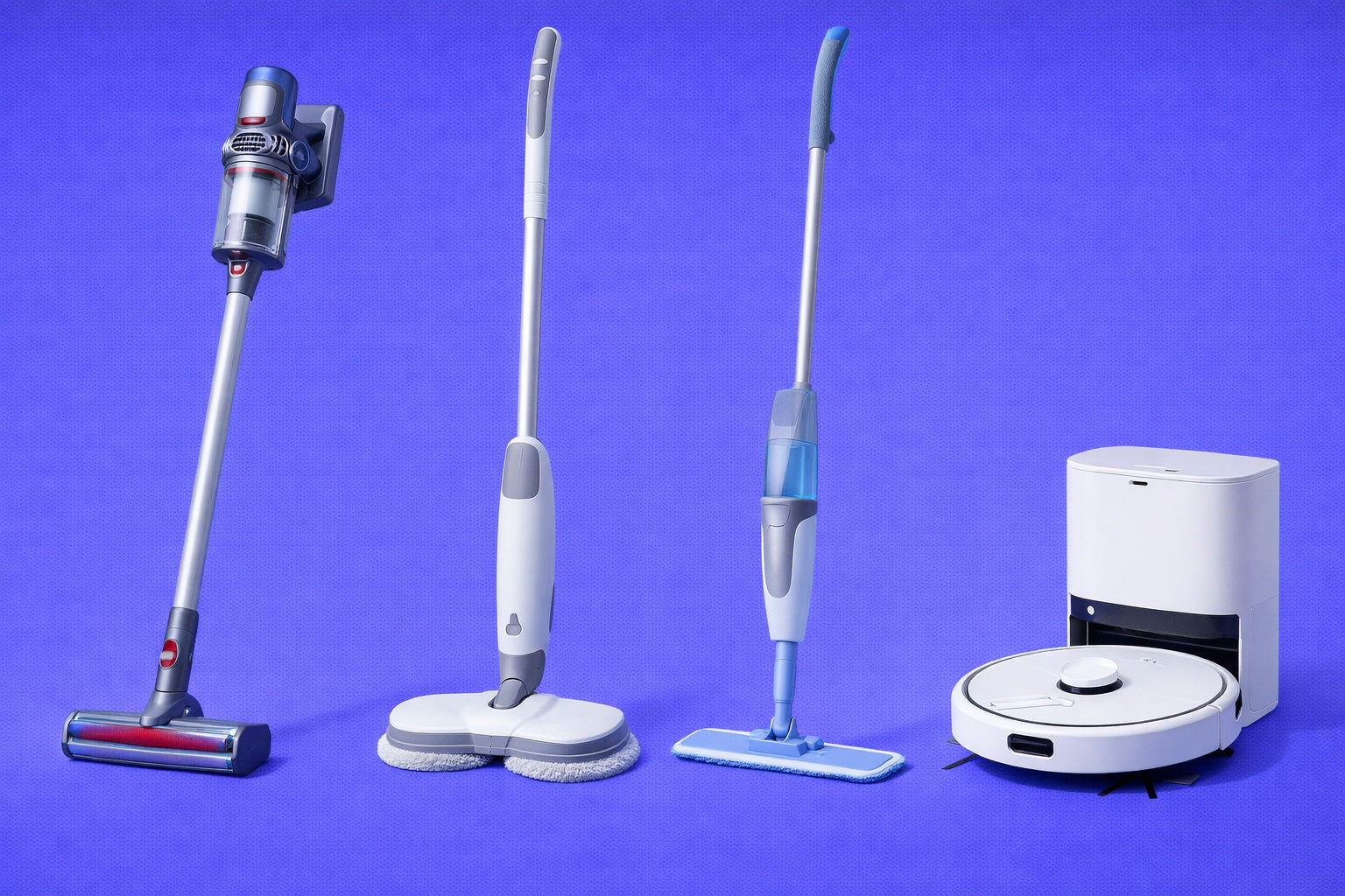 Set of cleaning tools including a vacuum, mop, and robot on a blue background