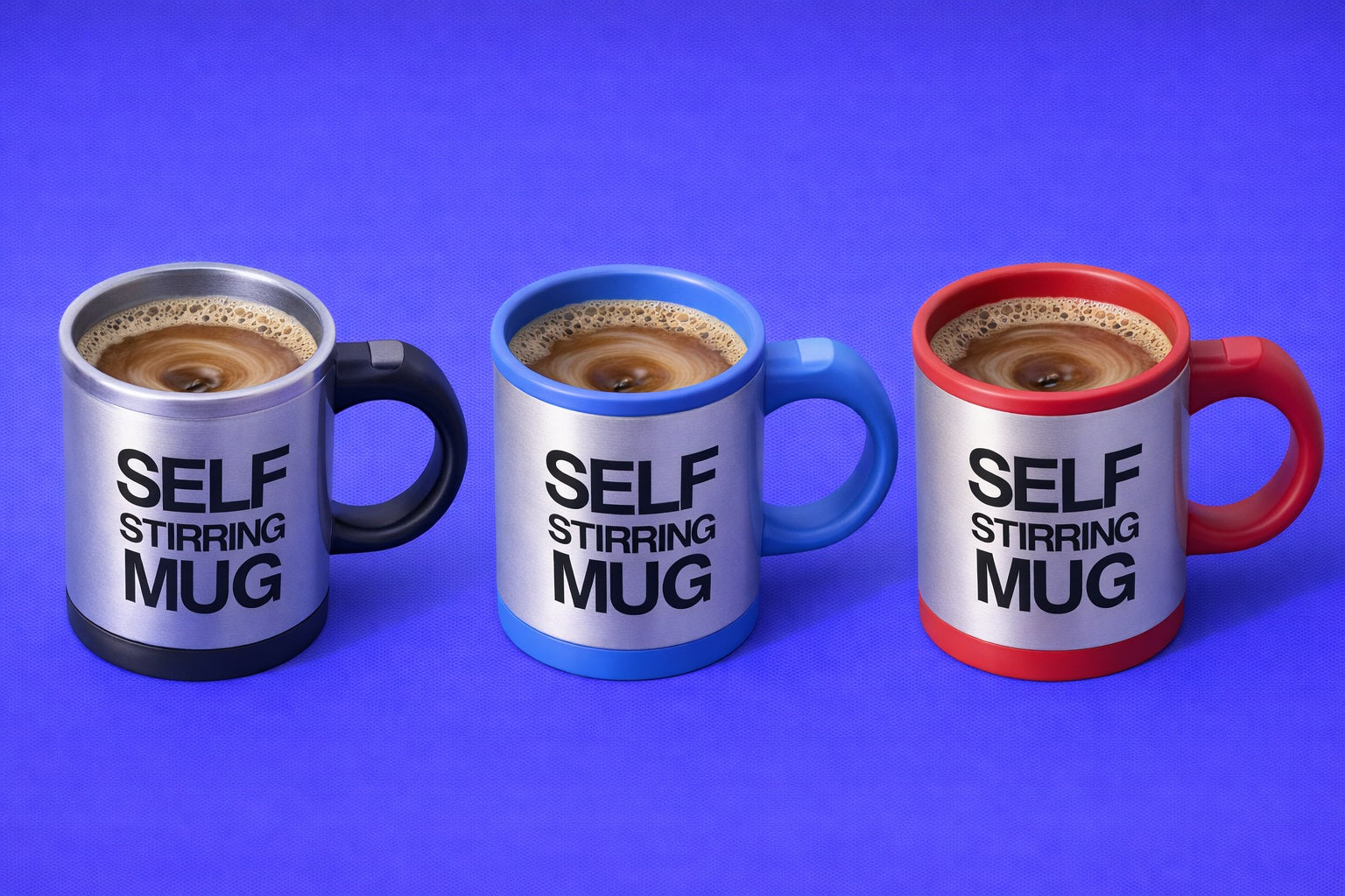 Three self-stirring mugs in black, blue, and red on a blue background.