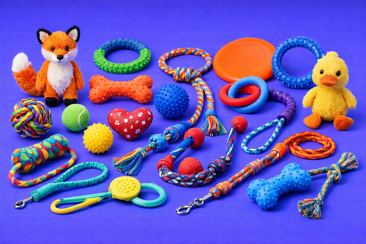 Assorted colourful pet toys on a purple background