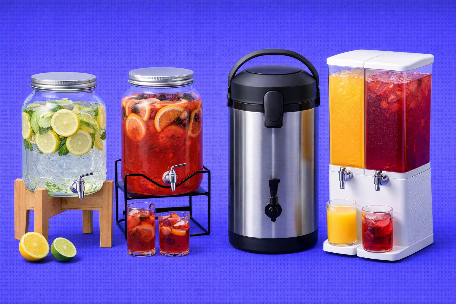 Collection of drink dispensers with various beverages on a purple background