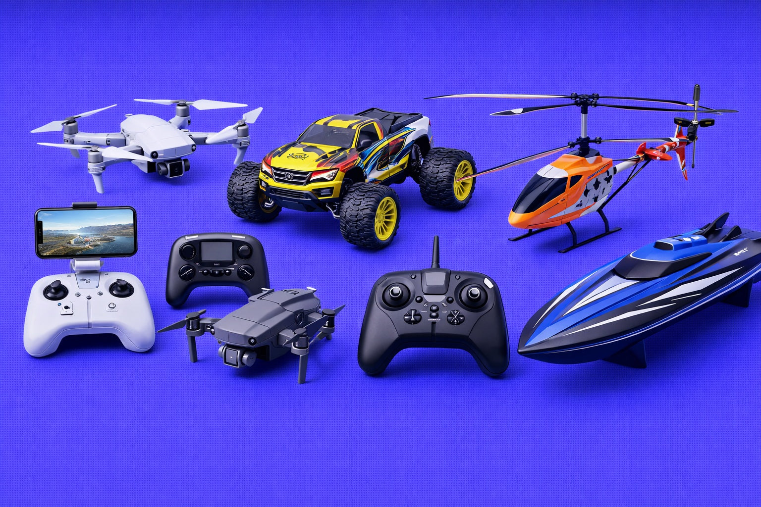 Collection of remote-controlled vehicles including a drone, car, helicopter, and speedboat on a blue background.